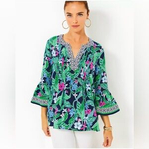 Lilly Pulitzer New Black Floral Split-Neck Tunic Green Leaves and Pink Accents